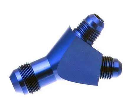 930-08-06-1 – REDHORSE Adapter Fitting, -8 AN Male To Dual -6 AN Male Anodized Blue Aluminum Single